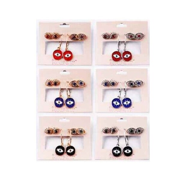 Evil Eye Earrings Lot 9 Pairs, Rhinestone Crystals Drop, Stud Jewelry Set - Picture 1 of 2